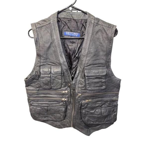 Beyond Leather Vintage Biker Vest L Pockets Sleeveless Zip Lined Snap Black - Picture 1 of 11